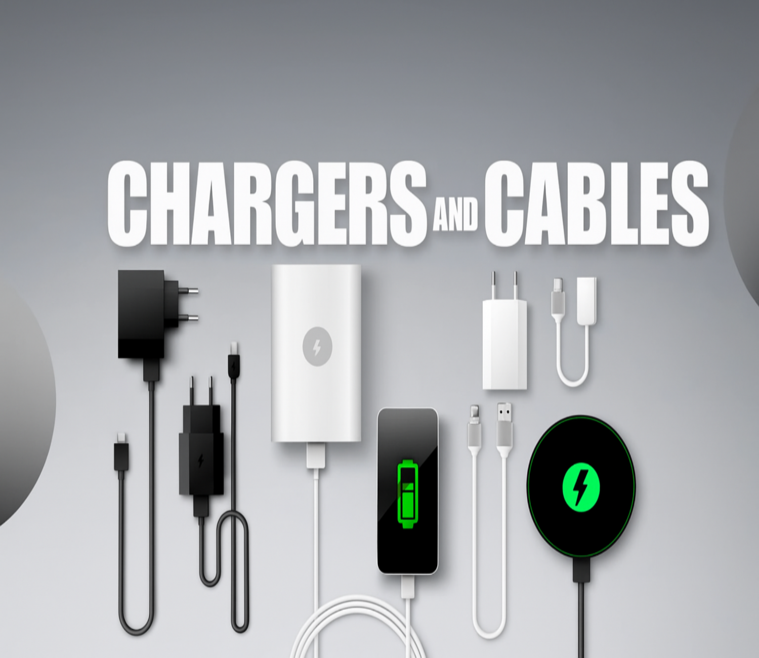 Collection of chargers and cables on a gray background with 'Chargers and Cables' text.