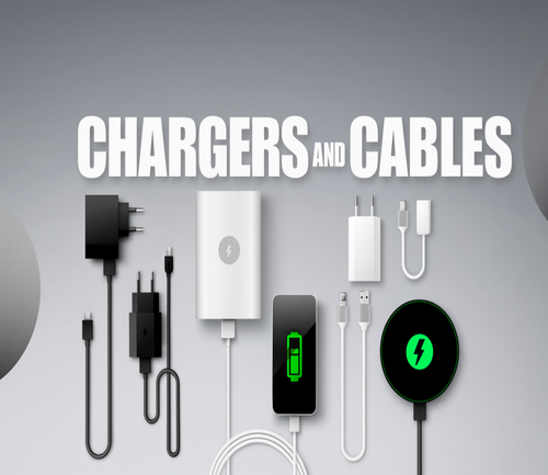 Collection of chargers and cables on a gray background with 'Chargers and Cables' text.